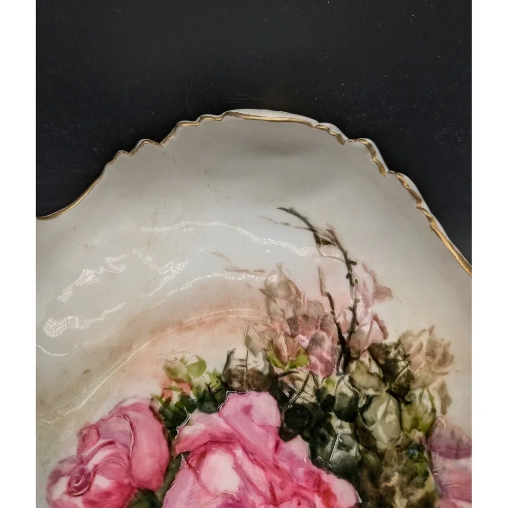 Vintage Hand Painted Floral Porcelain Centerpiece Bowl Gold Gilt Cherub Footed